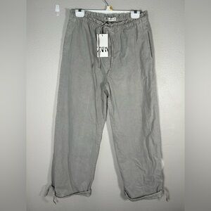 Zara Wide Leg Pants Women's Medium Linen Blend Crop Pull On Beach Casual Gray